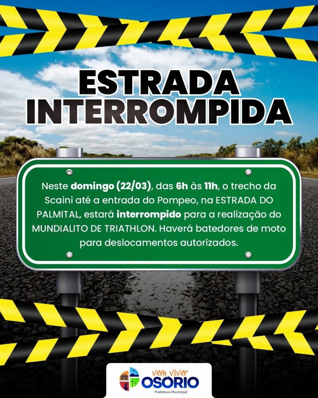 ESTRADA DO PALMITAL TERÁ INTERDIÇÃO TEMPORÁRIA NESTE DOMINGO PARA COMPETIÇÃO DE TRIATHLON EM&nbsp;OSÓRIO